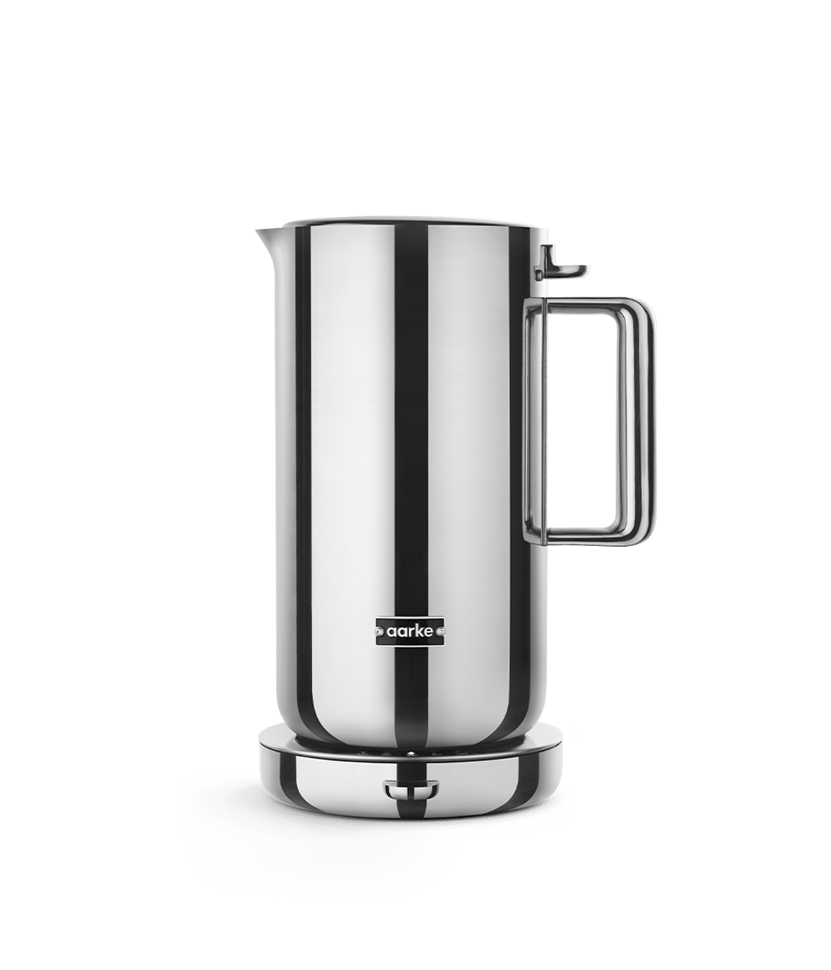 Aarke Kettle in polished stainless steel, a premium double-wall electric kettle, front view