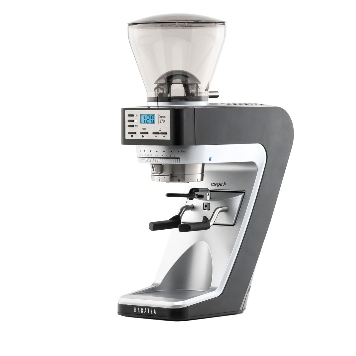 Baratza Sette 270 espresso grinder, showing the translucent plastic bean hopper and plastic grounds path