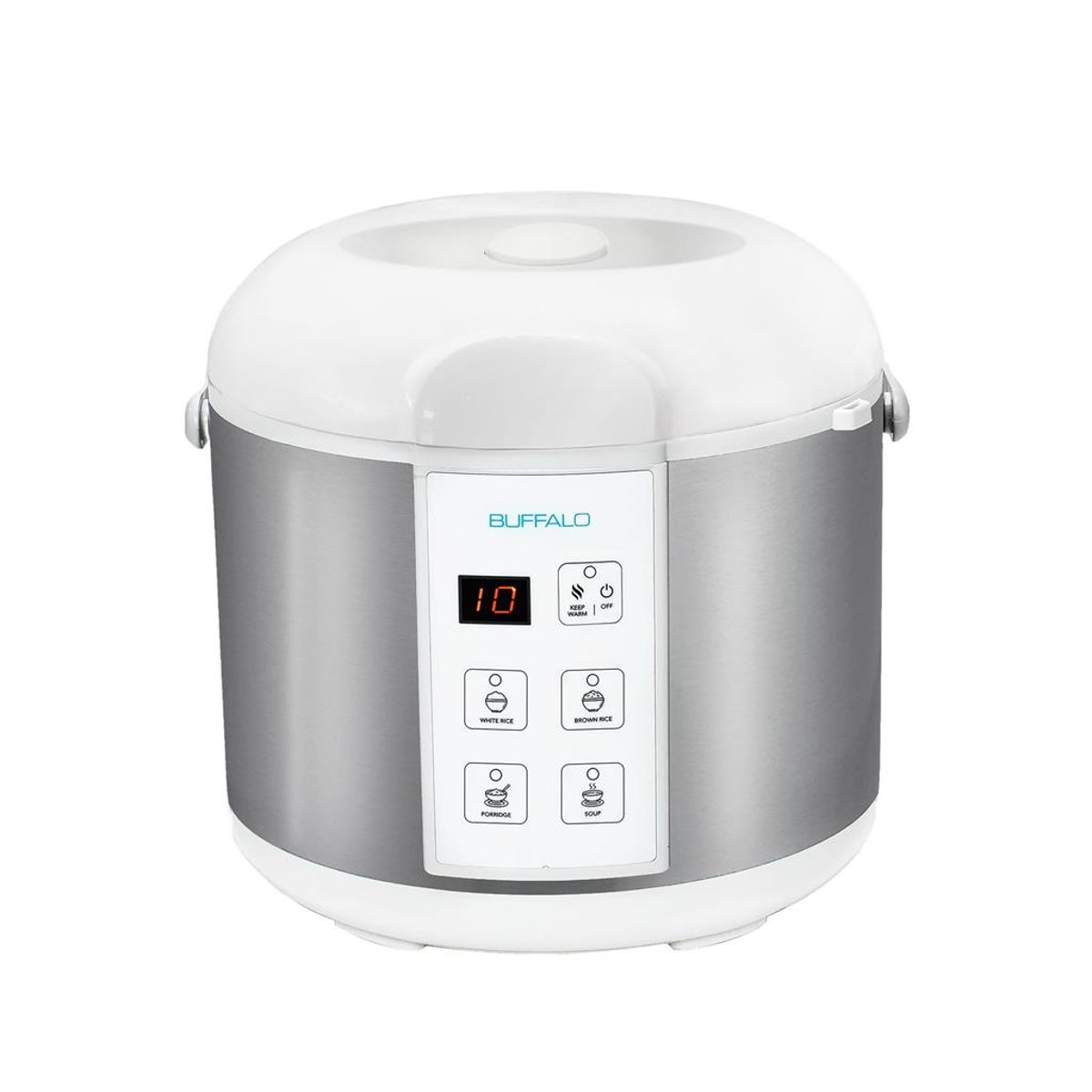 Buffalo Classic stainless steel and white electric rice cooker, front view
