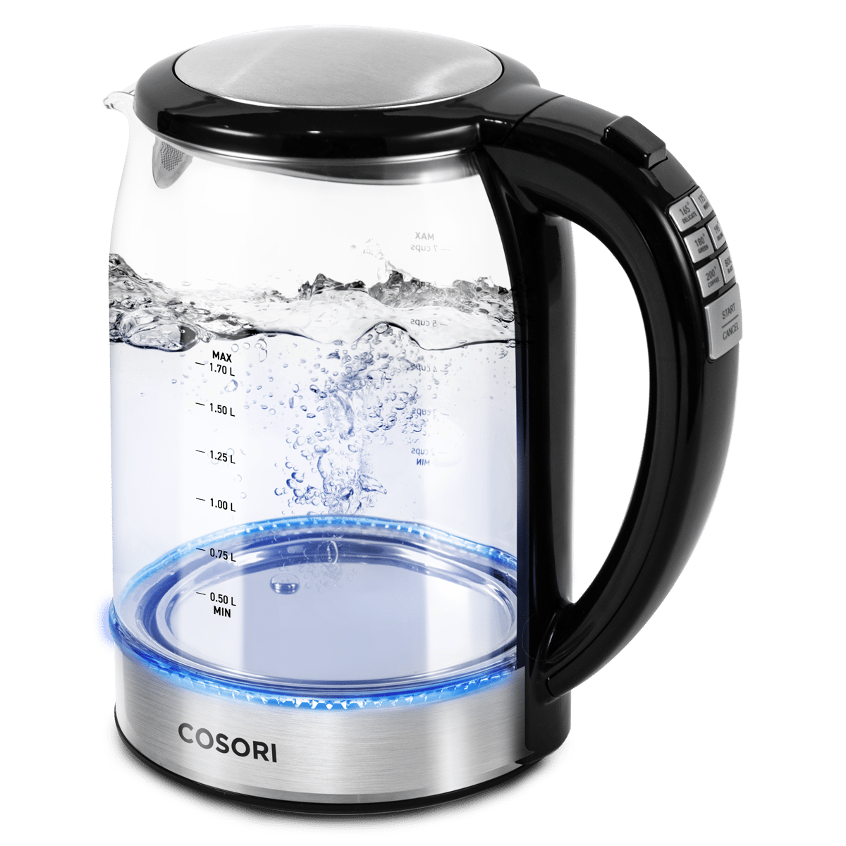 COSORI Original Digital Glass Kettle (CO117-DK), borosilicate glass body with stainless inner lid and blue-LED stainless base