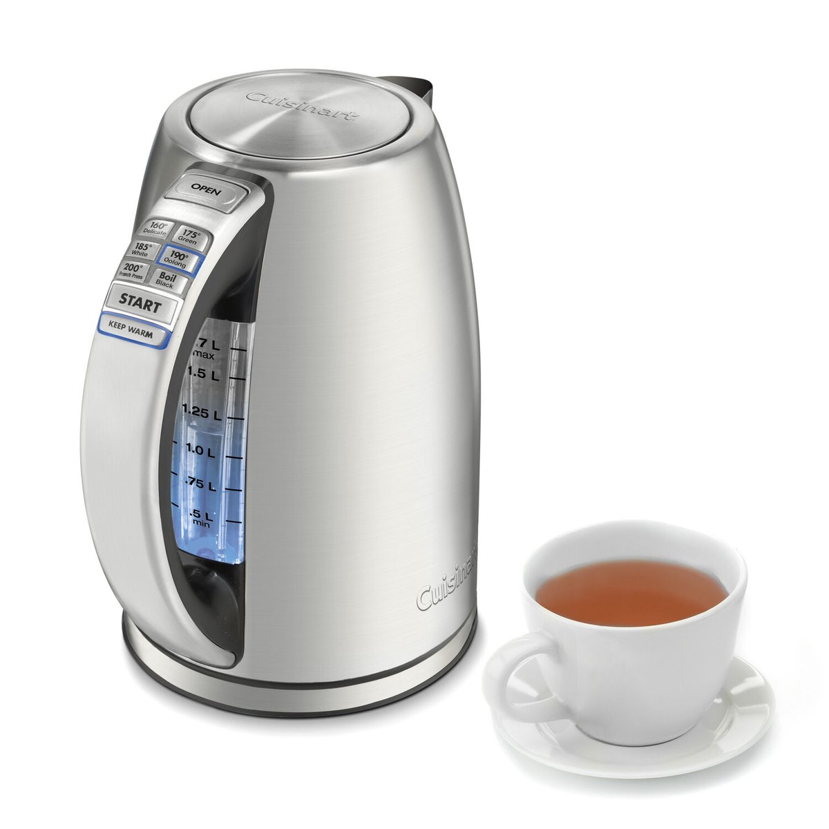 Cuisinart PerfecTemp brushed stainless steel cordless electric kettle with temperature preset controls