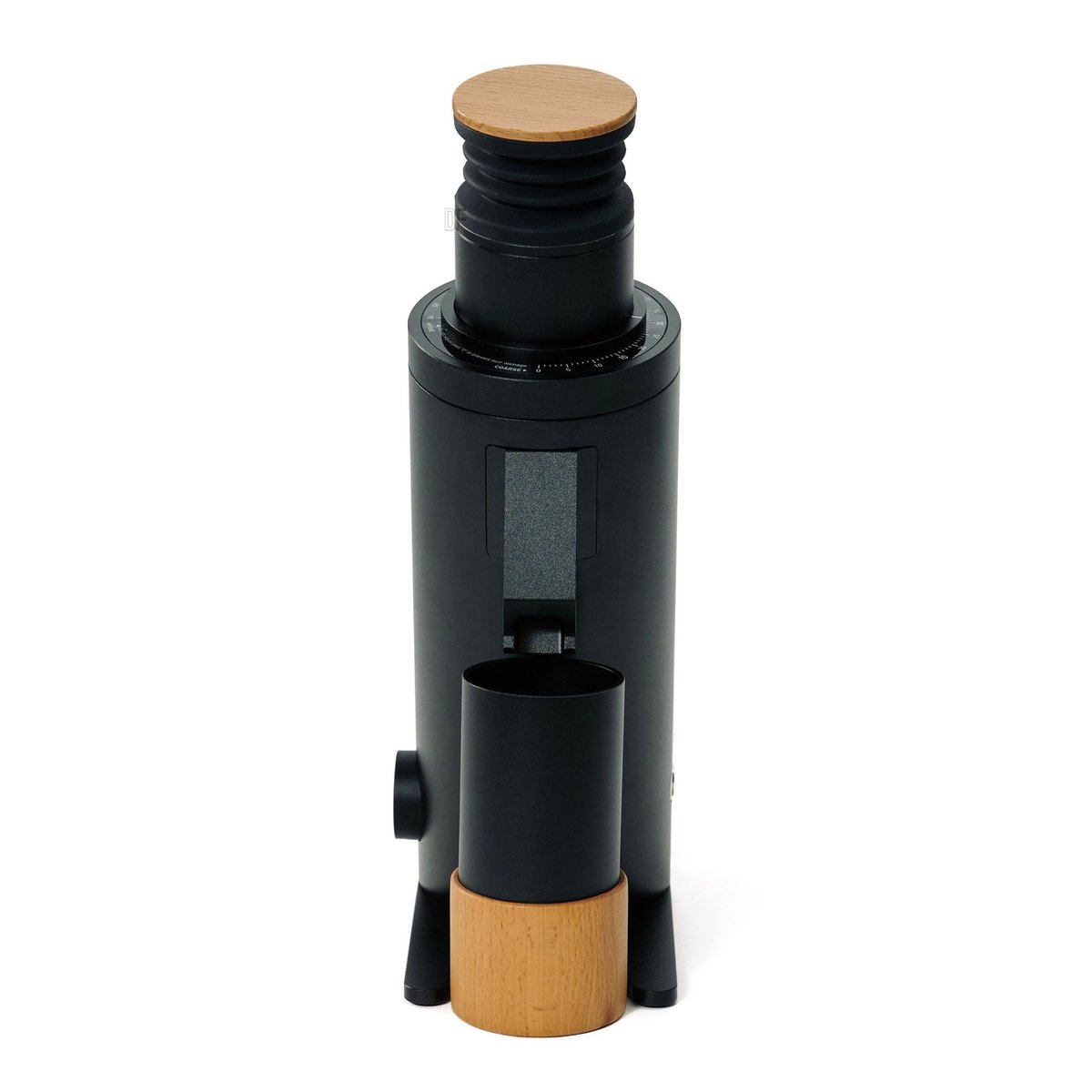 DF64V Gen 3 variable-speed single-dose coffee grinder, a slim tower with a wooden lid and aluminium dosing cup