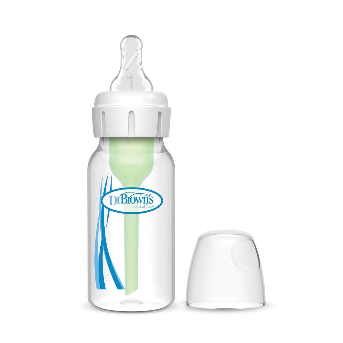 Dr. Brown's Natural Flow Options+ narrow plastic baby bottle with green internal vent and cap