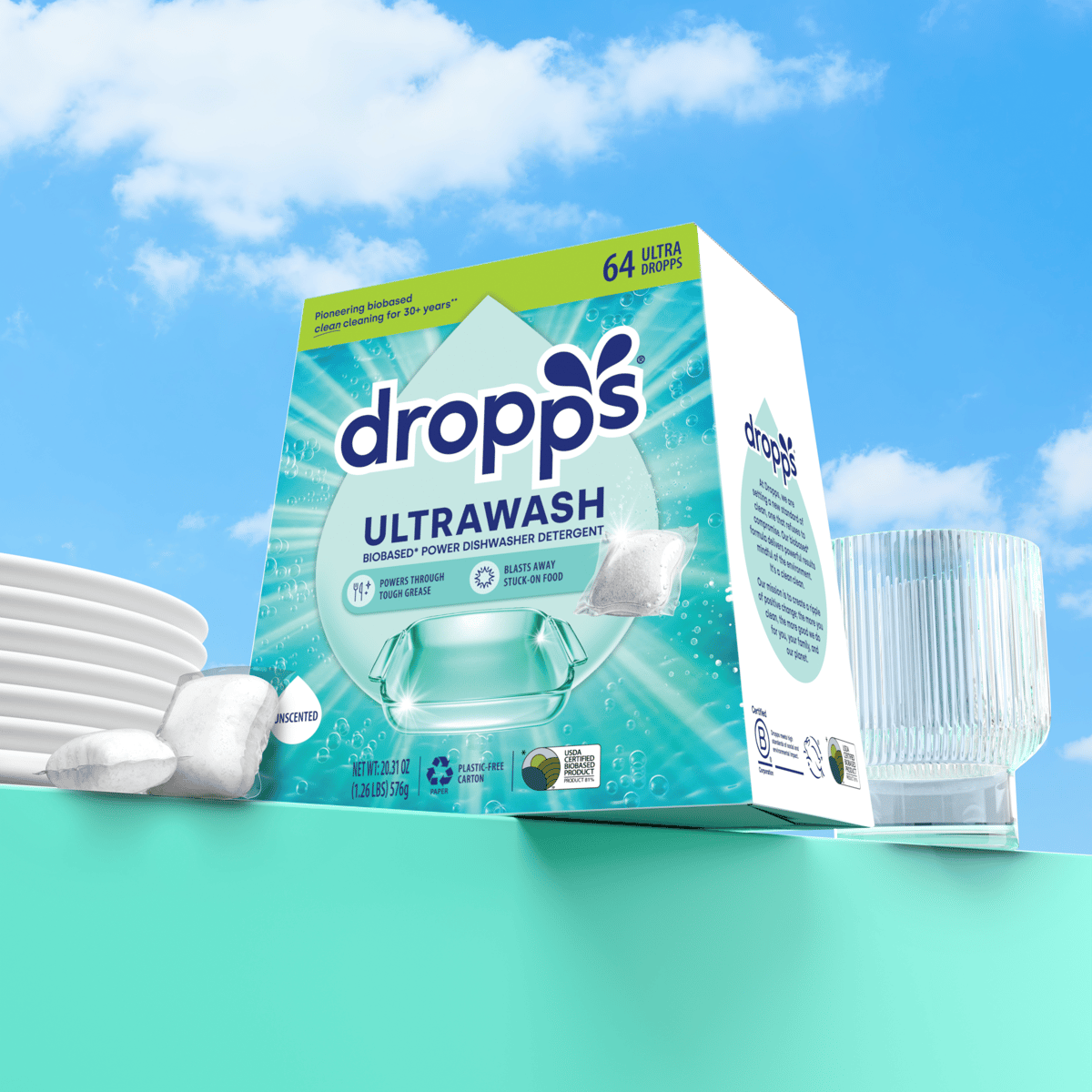Dropps UltraWash Unscented dishwasher detergent pods cardboard box