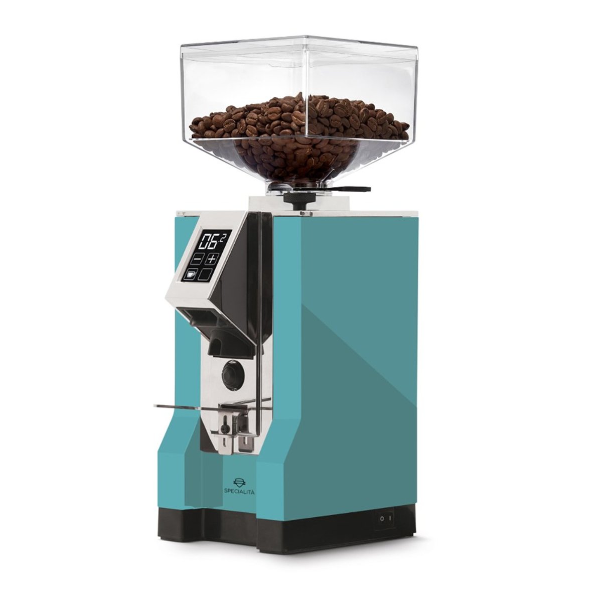 Eureka Mignon Specialita espresso grinder, showing the plastic bean hopper above the metal housing