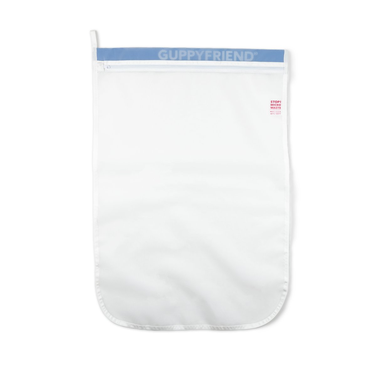Guppyfriend washing bag, a translucent white fine-mesh laundry bag with a blue GUPPYFRIEND zip-top band