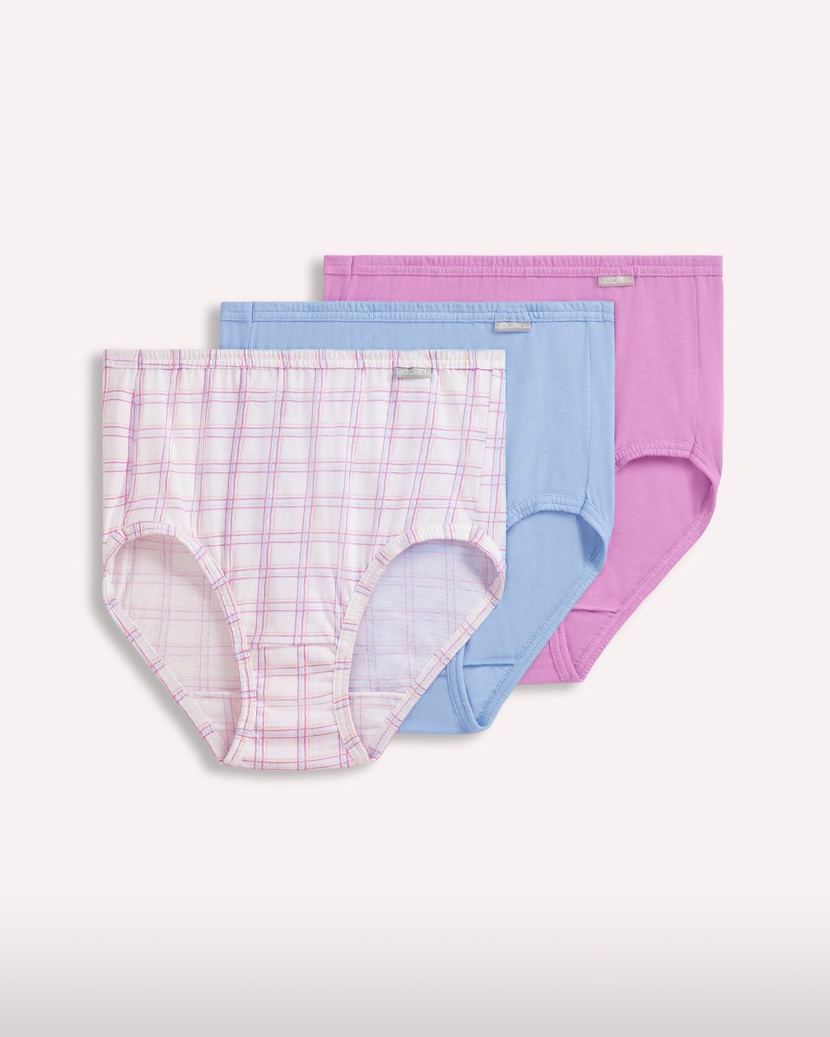 Jockey Elance 100% cotton brief 3-pack, laydown of plaid, blue, and orchid briefs