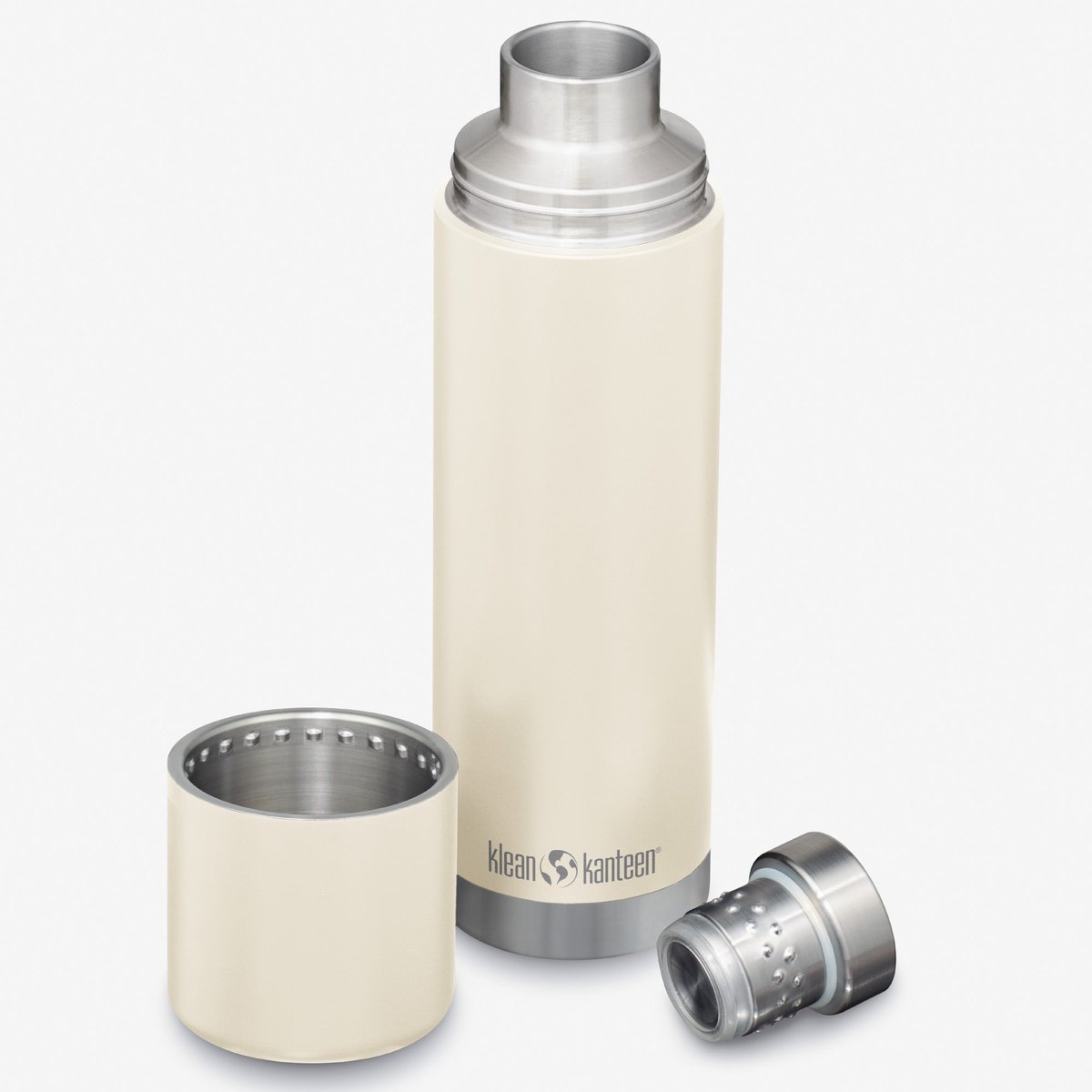 Klean Kanteen 32oz TKPro insulated stainless steel thermos in cream/Tofu with cup and pour-through cap