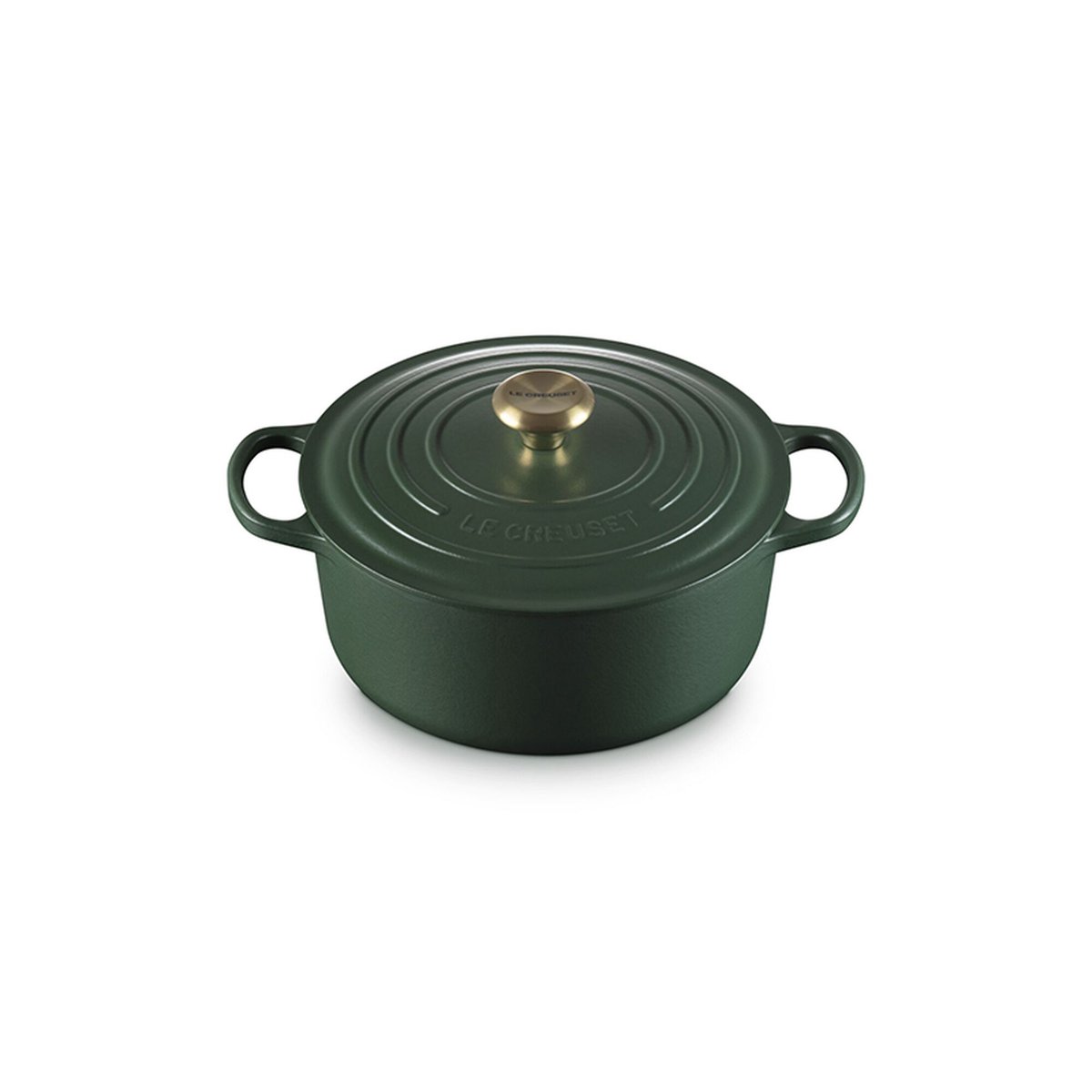 Le Creuset Signature Enameled Cast Iron Round Dutch Oven, 5.5 qt, Foret green with gold knob, white background
