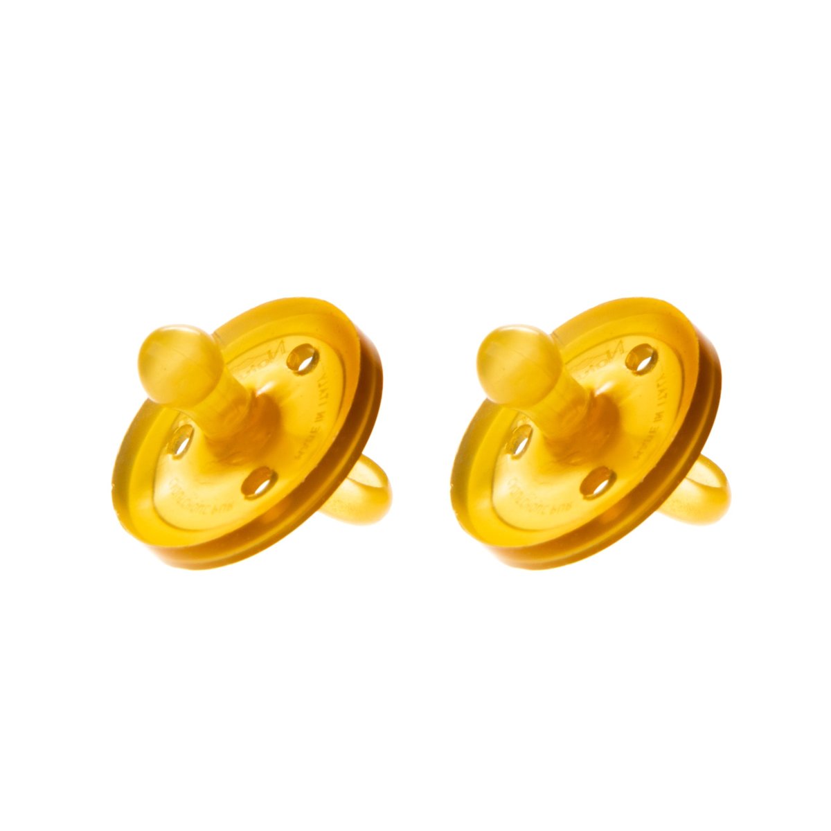 Two Natursutten natural rubber rounded pacifiers on a white background