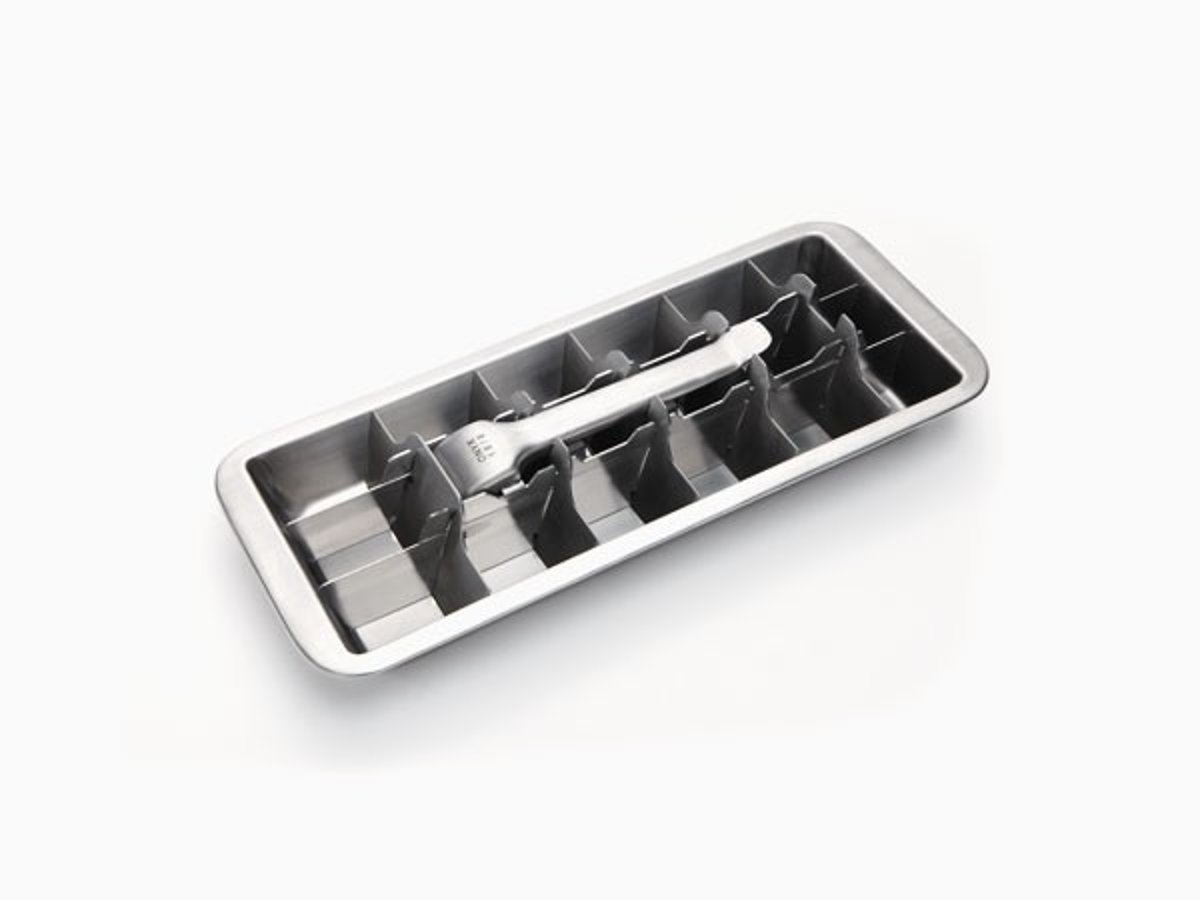 Onyx stainless steel ice cube tray with lever on white background