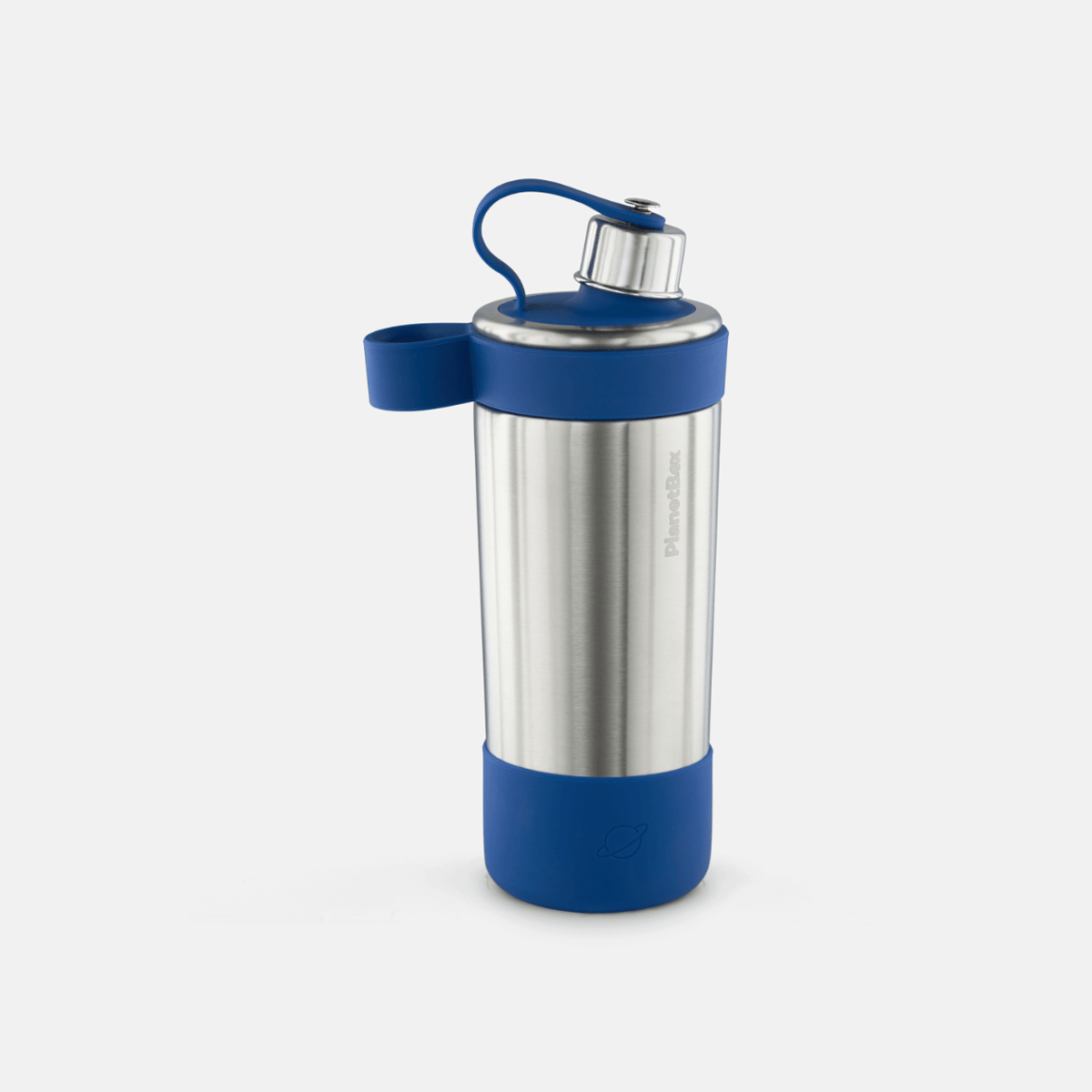 PlanetBox Glacier Chug insulated steel water bottle in blue, with a steel screw cap held by a blue silicone tether, a silicone collar with carry loop, and a silicone boot on the base