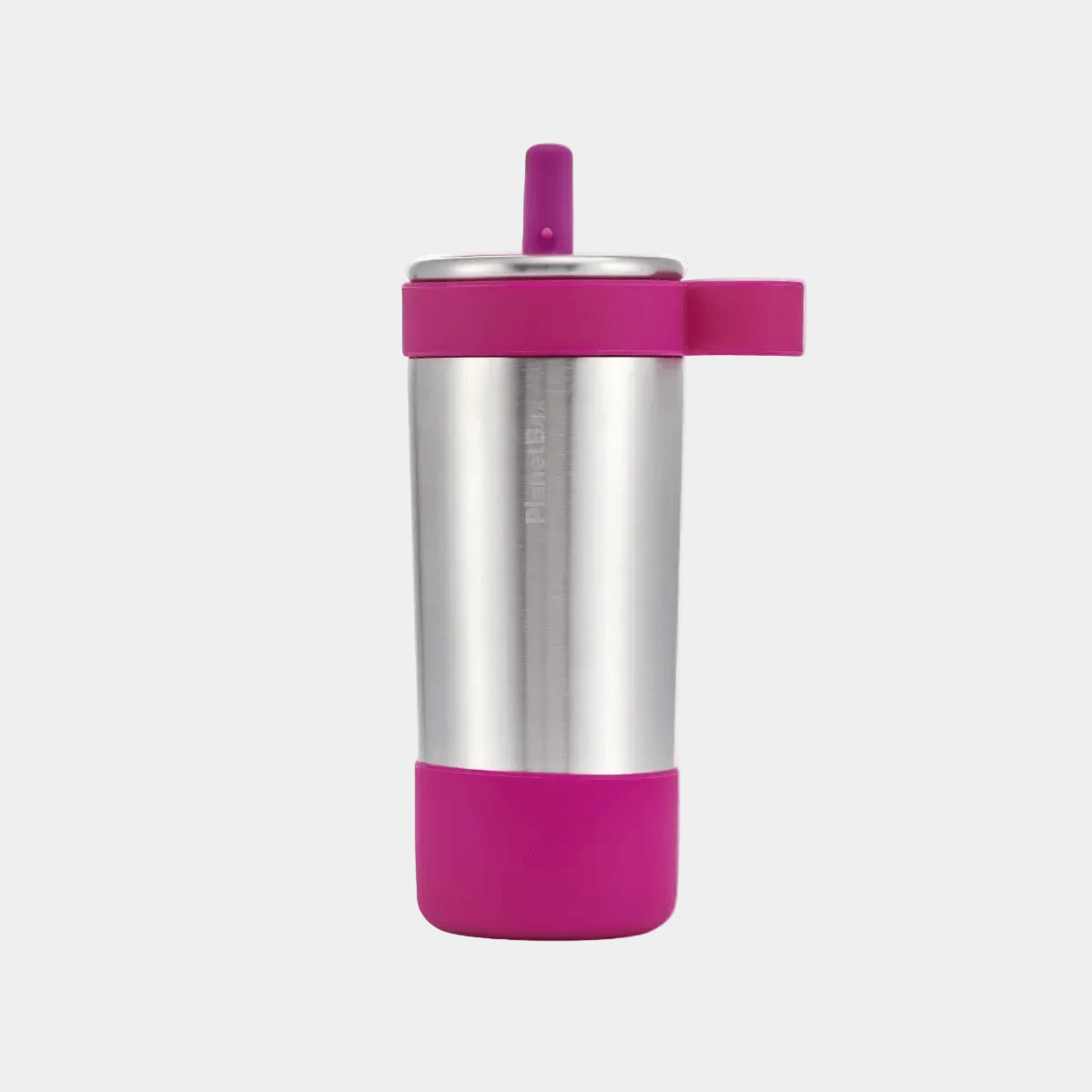 PlanetBox Glacier stainless steel kids water bottle in pink, with a silicone flip-up drinking spout, silicone collar with carry loop, and silicone boot on the base