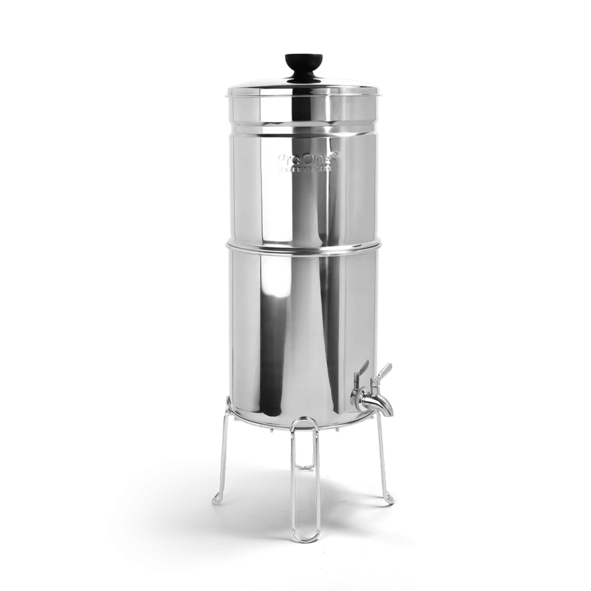 ProOne Big+ stainless steel gravity water filter with stand on white background