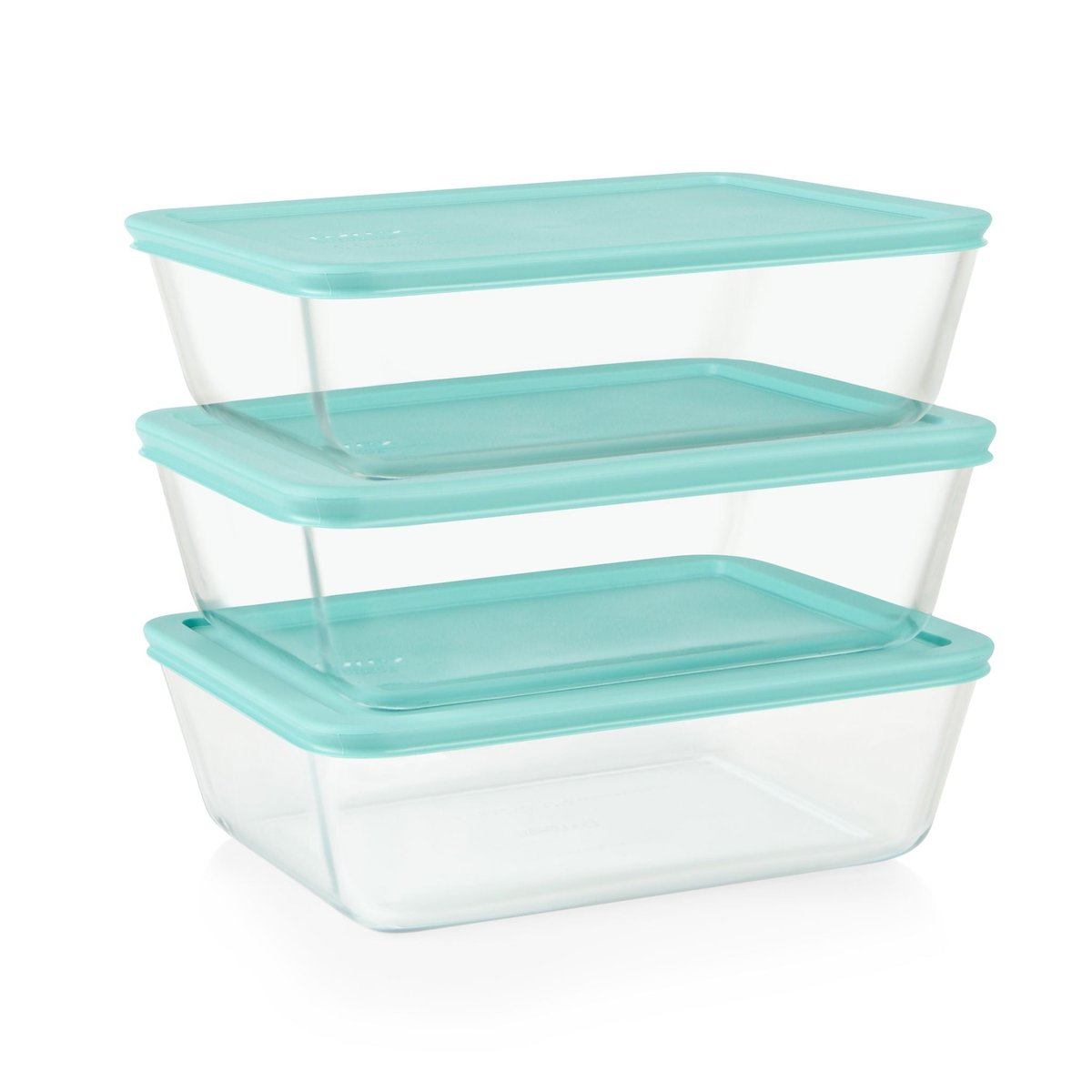 Pyrex Simply Store set of three stacked rectangular glass storage containers with turquoise lids