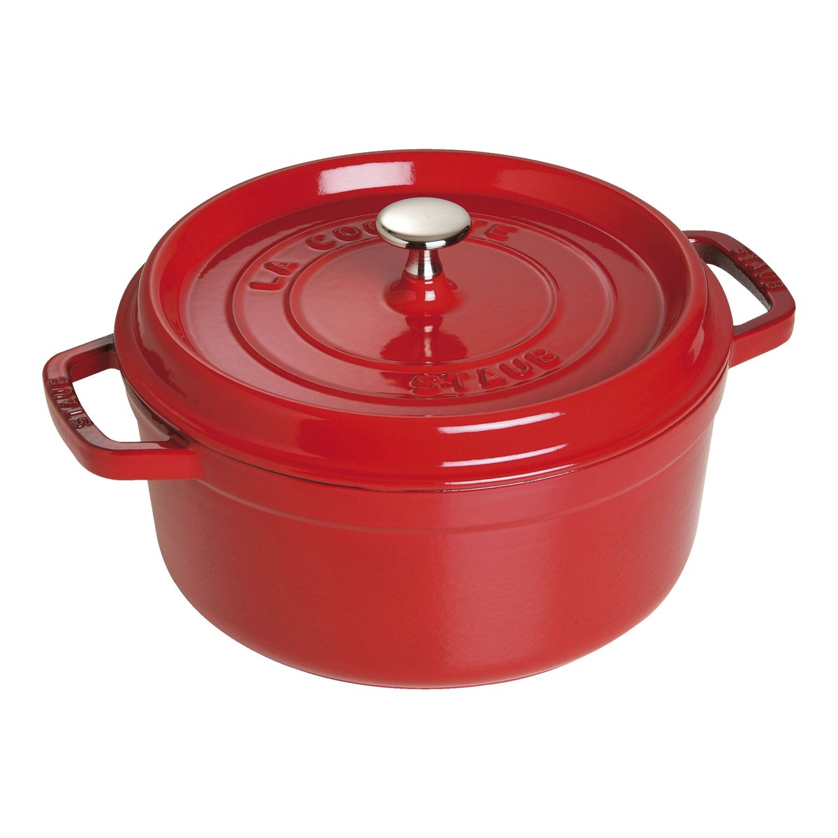 Staub enameled cast iron round cocotte Dutch oven in cherry red with lid
