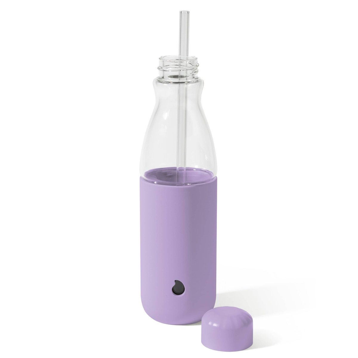 S'well Glass Original 18oz water bottle in lilac with silicone sleeve and glass straw