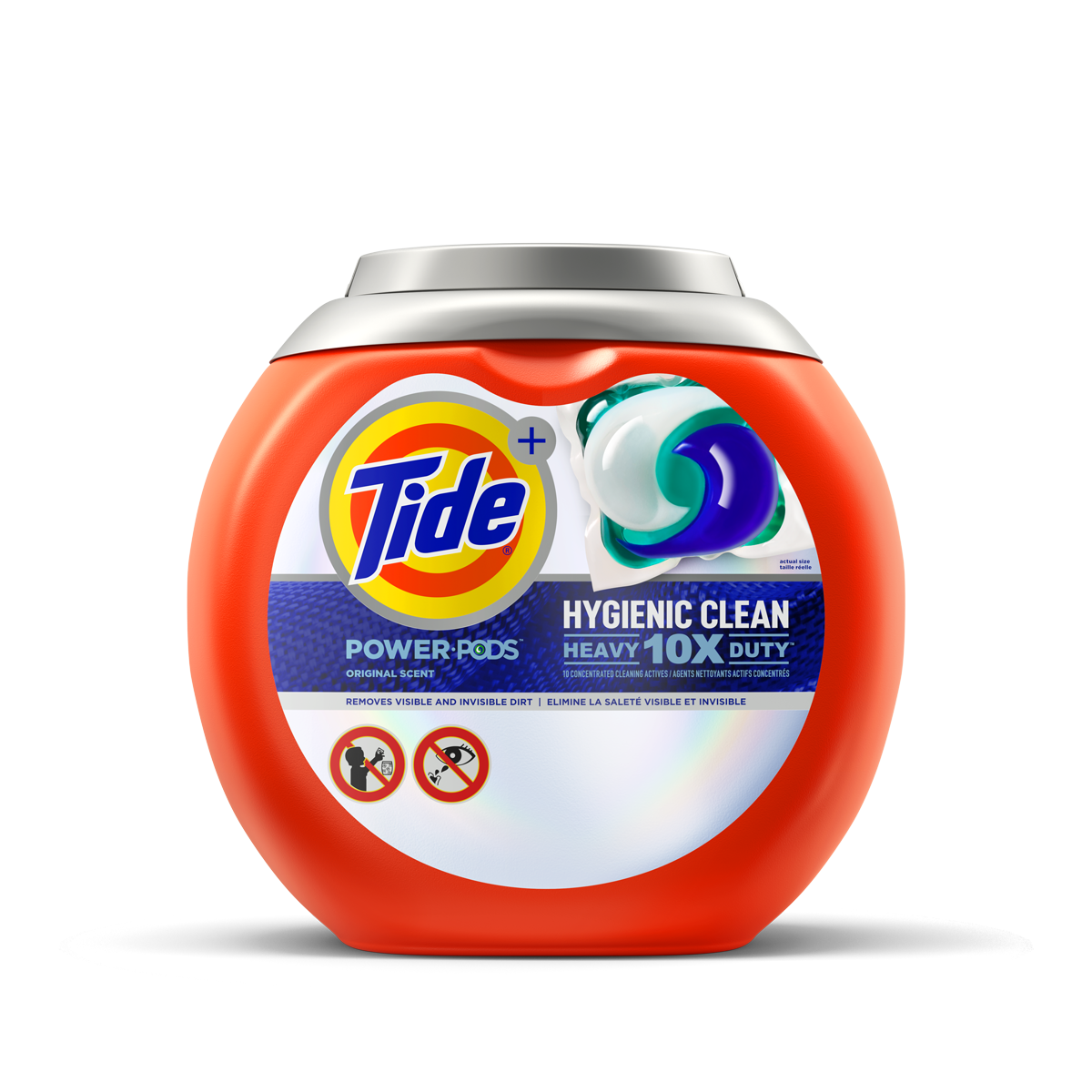 Tide Power PODS Original Scent orange tub with orange/blue/white swirl laundry pod