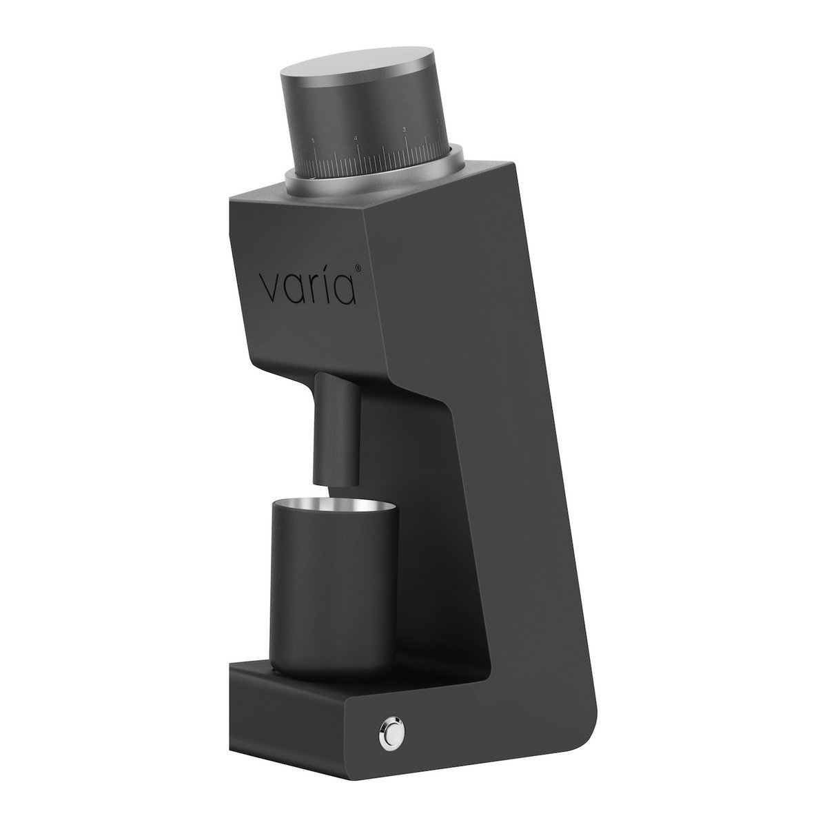 Varia VS3 single-dose electric coffee grinder in black, with its metal dosing cup docked beneath the chute