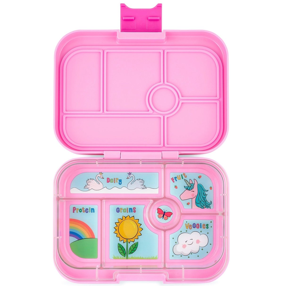Yumbox Original leakproof bento lunch box, open, showing six compartments, pink with unicorn tray