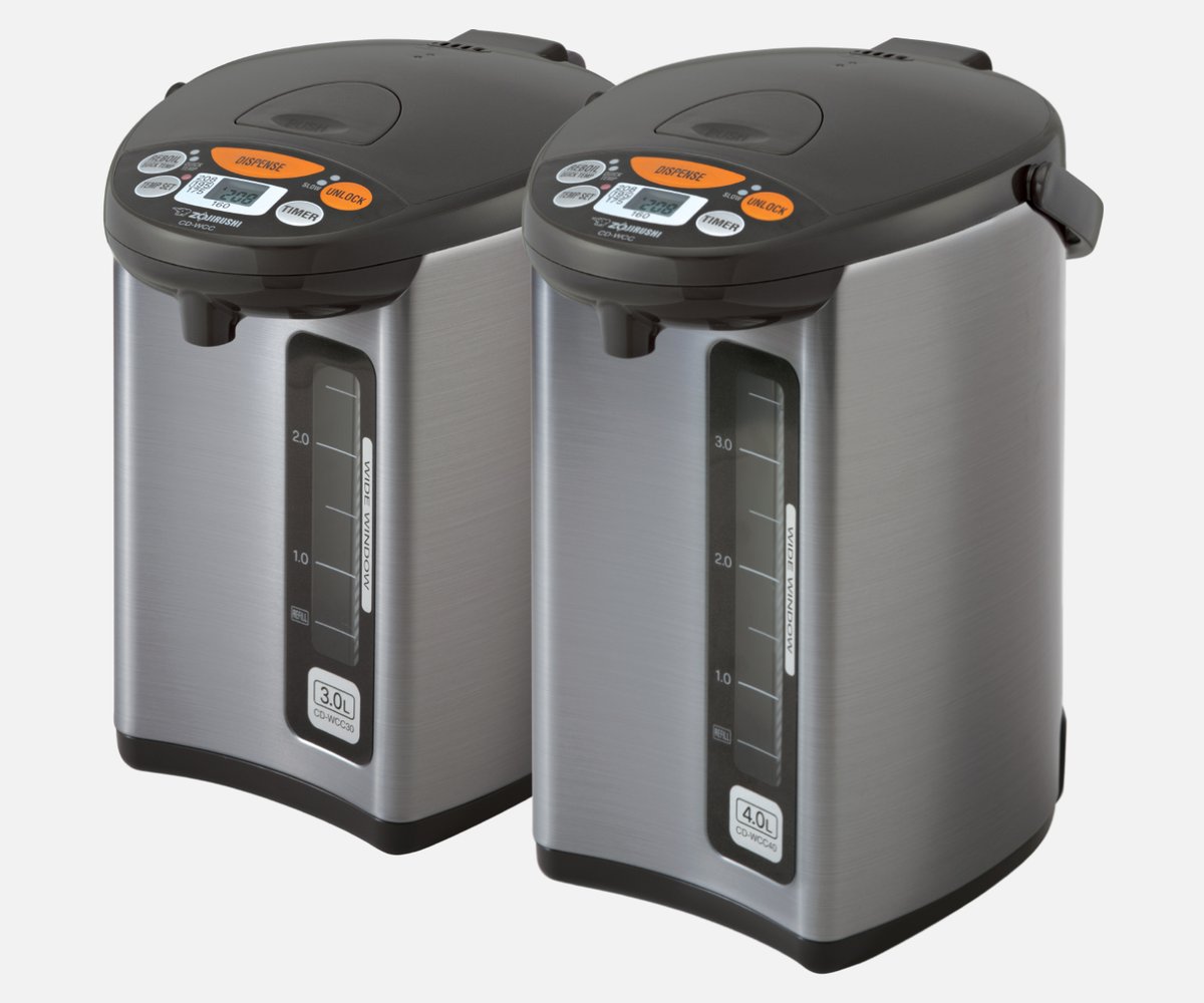 Zojirushi Micom Water Boiler & Warmer (CD-WCC) in silver, a tabletop hot-water dispenser with a dispensing spout