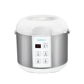 Buffalo Classic stainless steel and white electric rice cooker, front view