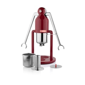 Cafelat Robot red manual lever espresso maker with stainless steel arms and portafilter accessories