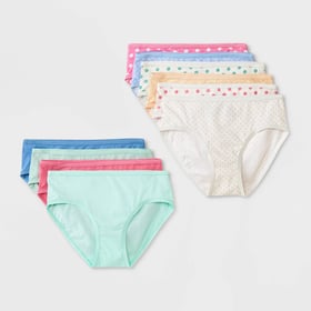 Cat & Jack girls' 10-pack cotton briefs in assorted solids and polka dots, flat lay