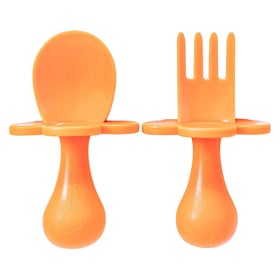 Grabease toddler self-feeding spoon and fork set in orange with choke-protection barriers