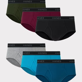 Hanes ComfortSoft tagless men's briefs 6-pack in assorted colors, flat lay