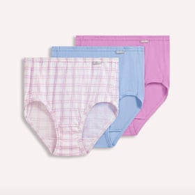Jockey Elance 100% cotton brief 3-pack, laydown of plaid, blue, and orchid briefs
