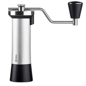 Kinu M47 Classic hand grinder in stainless steel with its crank handle attached