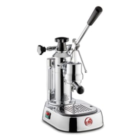La Pavoni Europiccola Lusso chrome lever espresso machine, front three-quarter view