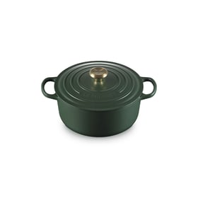 Le Creuset Signature Enameled Cast Iron Round Dutch Oven, 5.5 qt, Foret green with gold knob, white background