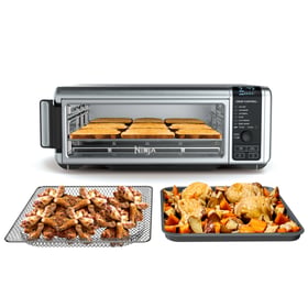 Ninja Foodi SP101 8-in-1 digital air fry flip oven with air-fry basket and sheet-pan accessories on white background