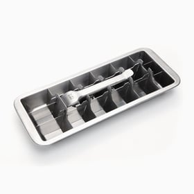 Onyx stainless steel ice cube tray with lever on white background