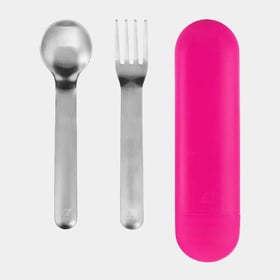 PlanetBox Dig In set - a stainless steel kids fork and spoon lying beside a pink silicone carry case