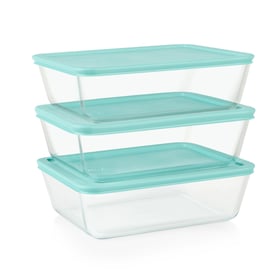 Pyrex Simply Store set of three stacked rectangular glass storage containers with turquoise lids