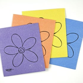 Skoy Cloth reusable Swedish dishcloths, four colored cellulose-cotton cloths with flower design fanned out