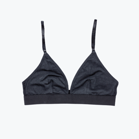 WAMA hemp triangle bralette in black, flat-lay front view