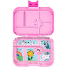 Yumbox Original leakproof bento lunch box, open, showing six compartments, pink with unicorn tray