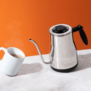 Bodum Bistro gooseneck electric kettle in chrome, with a thin gooseneck spout and plastic handle