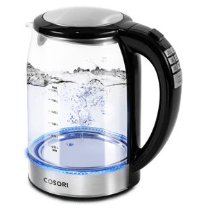 COSORI Original Digital Glass Kettle (CO117-DK), borosilicate glass body with stainless inner lid and blue-LED stainless base