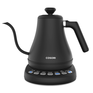 COSORI Electric Gooseneck Kettle (CO108-NK) in black, with a thin gooseneck spout on a temperature-control base