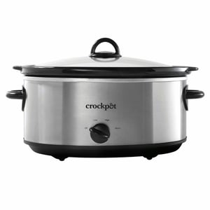 Crock-Pot Manual 7-Quart stainless steel slow cooker with glass lid, front view