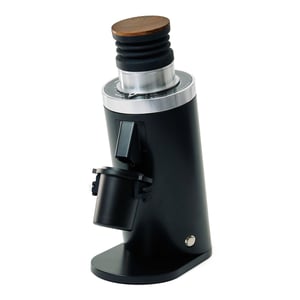 DF64 Gen 2 single-dose coffee grinder in black, with its aluminium dosing cup beneath the chute