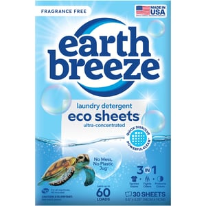 Earth Breeze laundry detergent eco sheets Fragrance Free paper envelope pack, 30 sheets