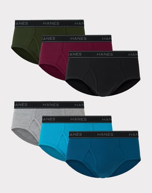 Hanes ComfortSoft tagless men's briefs 6-pack in assorted colors, flat lay