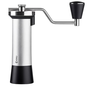 Kinu M47 Classic hand grinder in stainless steel with its crank handle attached