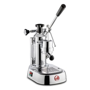 La Pavoni Europiccola Lusso chrome lever espresso machine, front three-quarter view